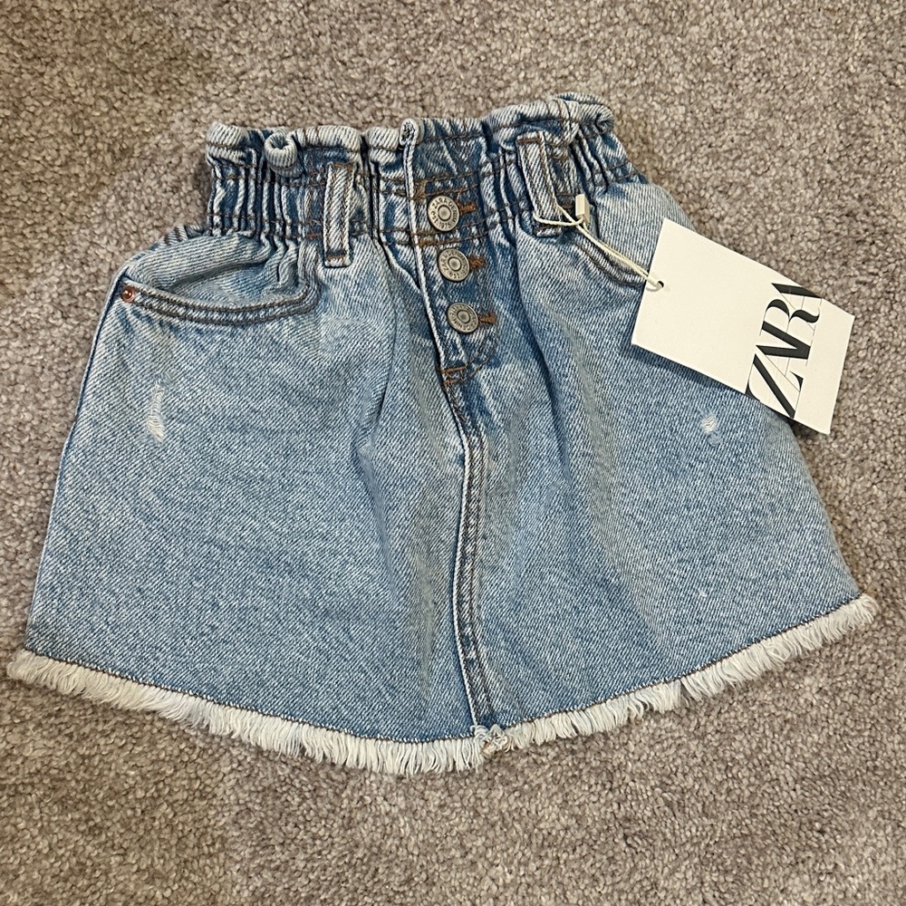 Zara Light Blue Paperbag Waist Denim Skirt with Frayed Hem